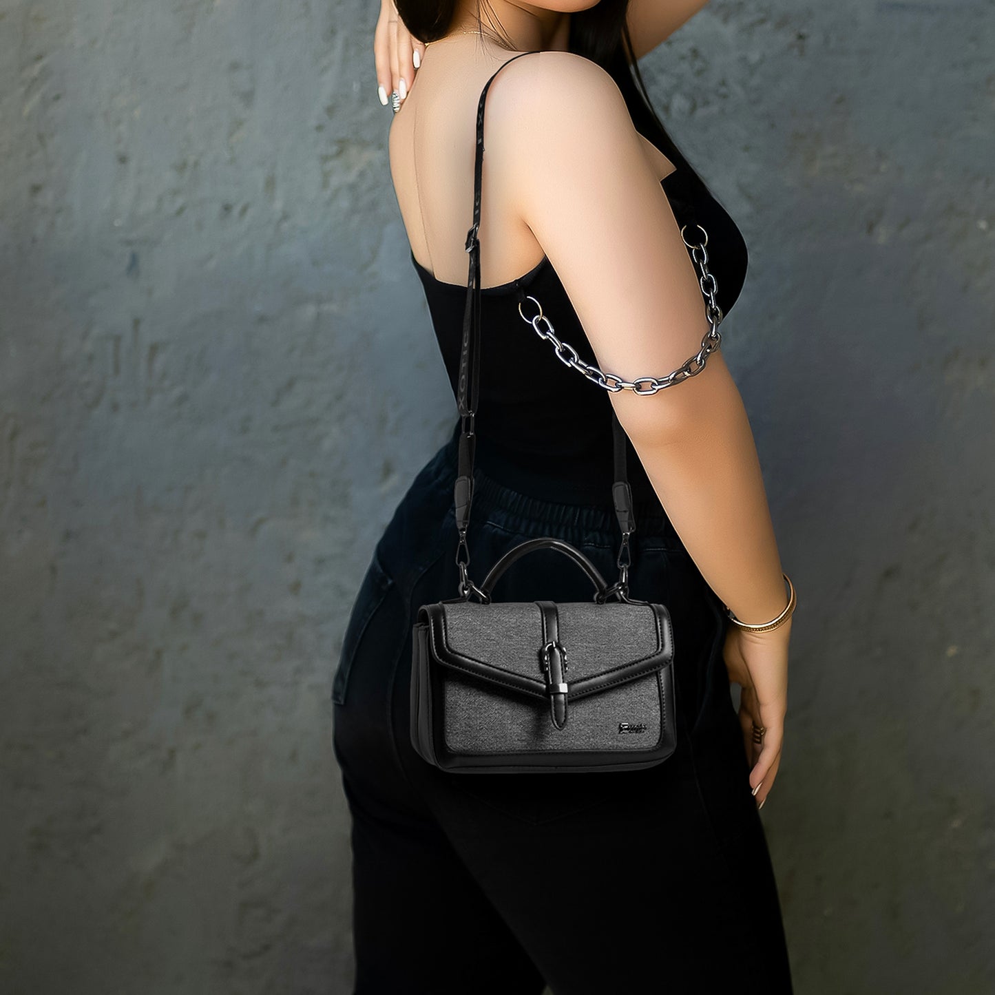 Exotic Denim Textured Cross Body & Handheld Bag (Black)