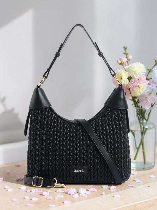 Exotic Elaris Quilted Hobo Shoulder Bag (Black)