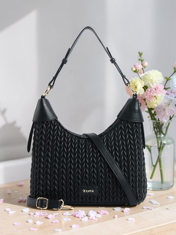 Exotic Elaris Quilted Hobo Shoulder Bag (Black)
