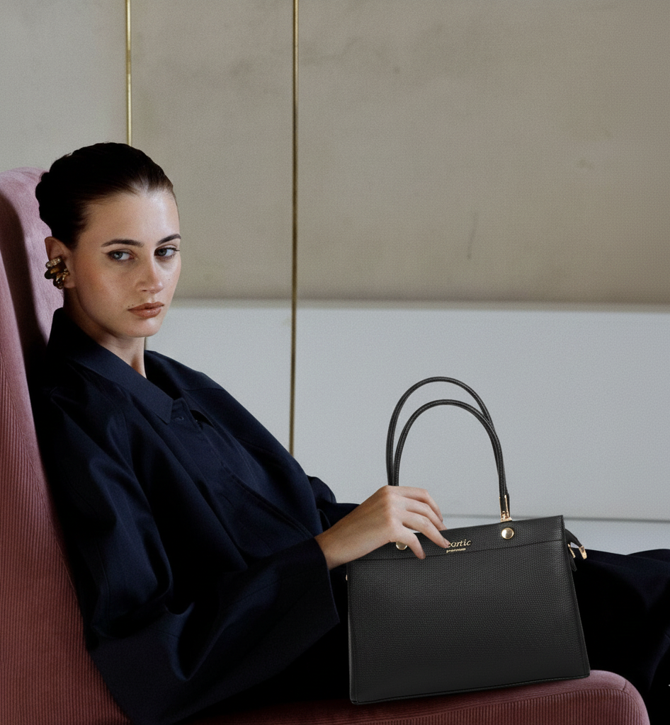 Woman holding a black handbag in an indoor setting
