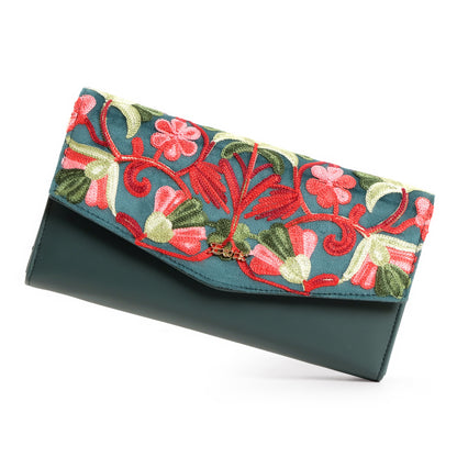 Exotic Women’s Embroidered Floral Wallet Clutch with Detachable Long Strap