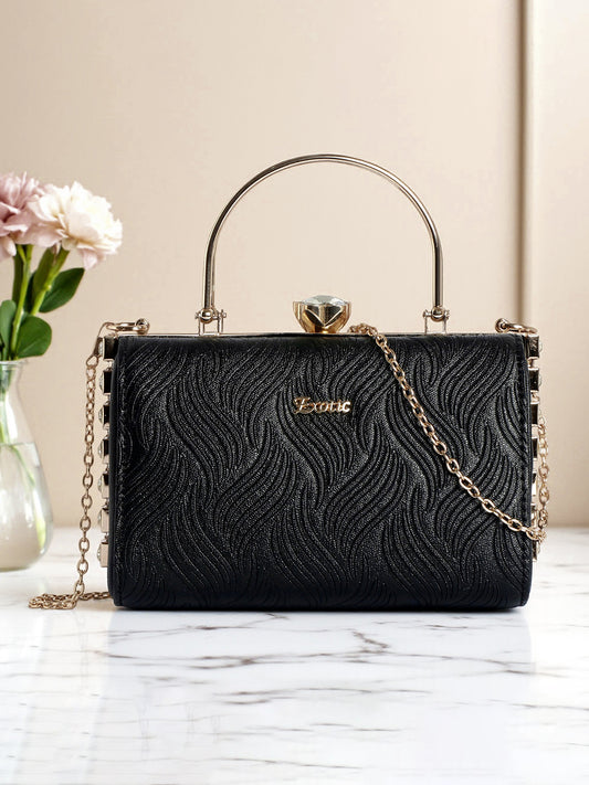 Exotic Premium Crystal Charm Sling Bag with Detachable Chain Handel Gift for Women (Black)