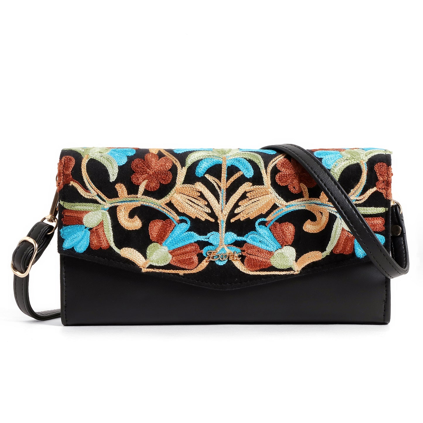 Exotic Women’s Embroidered Floral Wallet Clutch with Detachable Long Strap