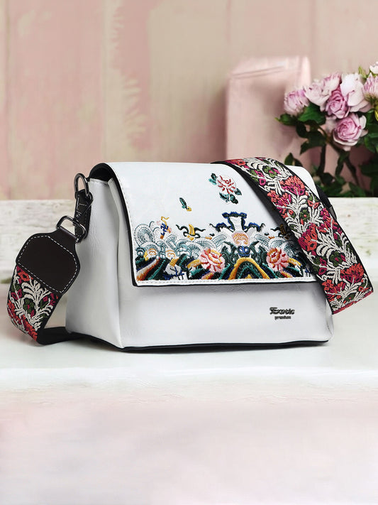 Exotic Women's Premium Flora Embroidery Flap Sling Bag (White)