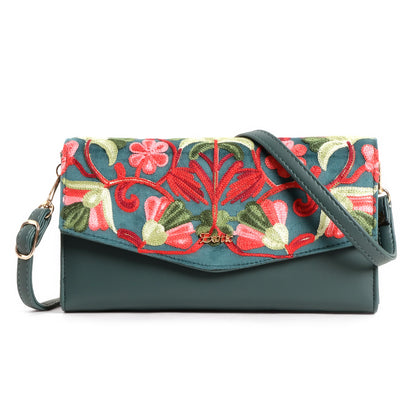 Exotic Women’s Embroidered Floral Wallet Clutch with Detachable Long Strap