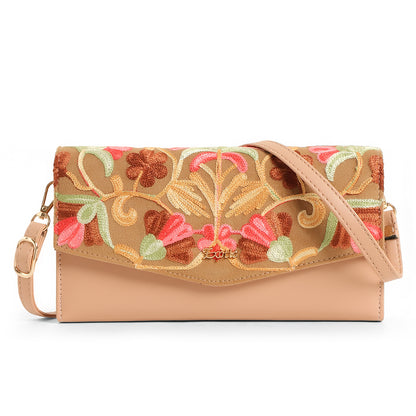 Exotic Women’s Embroidered Floral Wallet Clutch with Detachable Long Strap