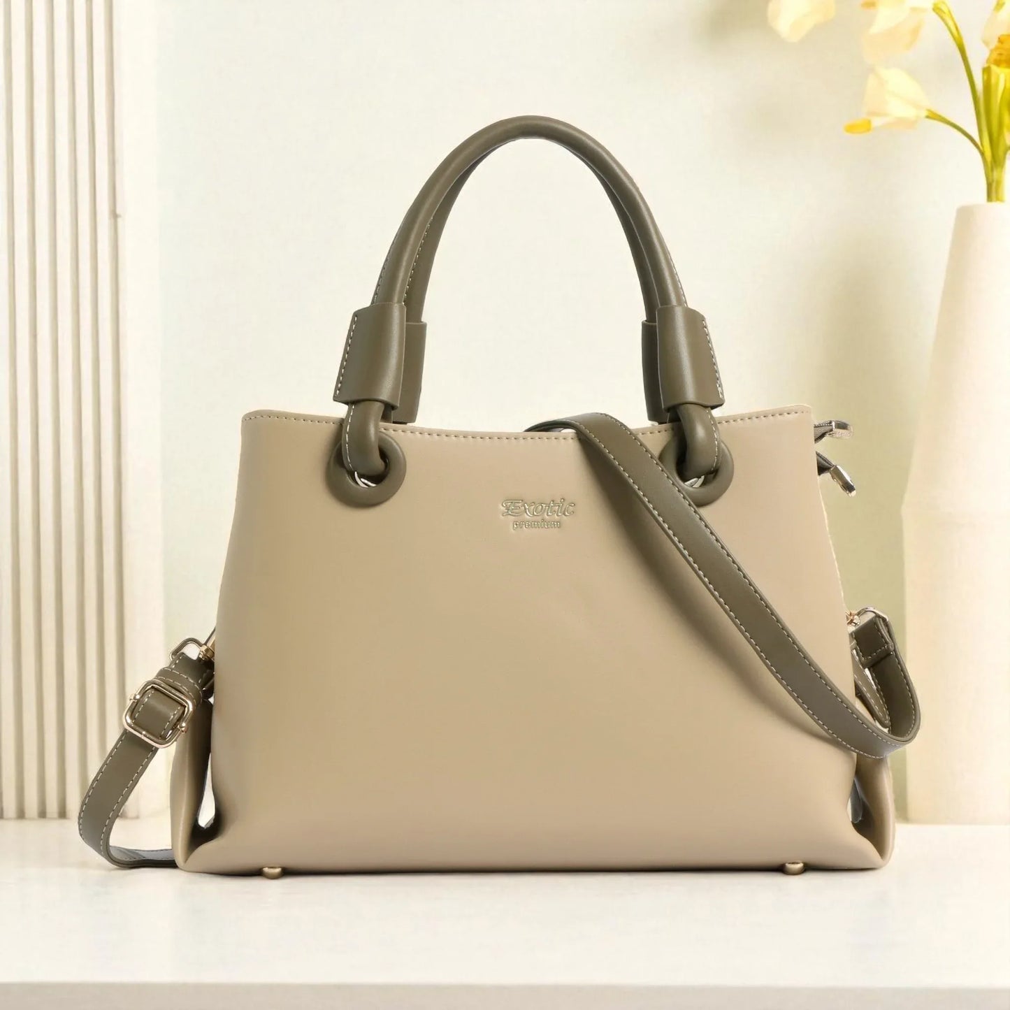 Exotic Premium Two-Tone Handbag | Beige & Olive Green Satchel Bag - exoticstore