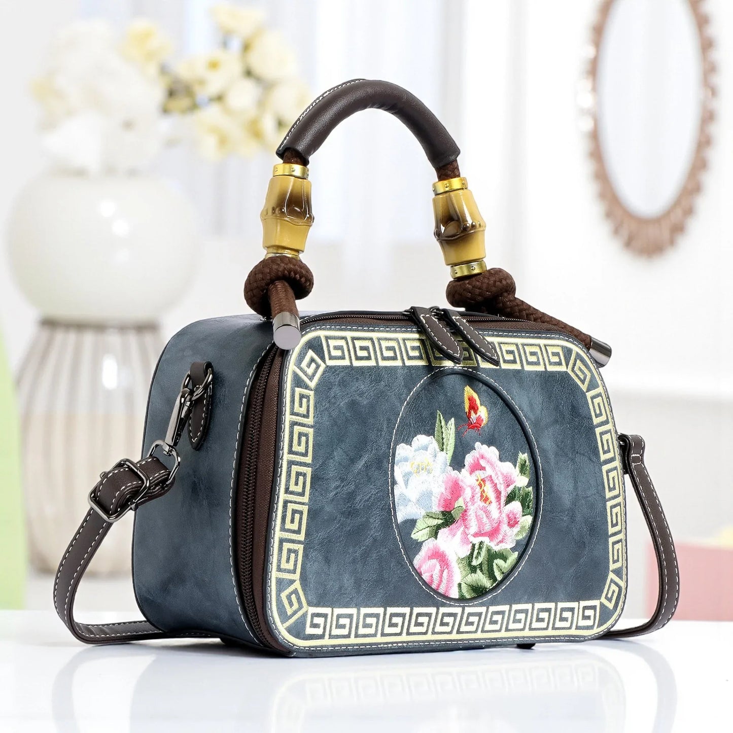 EXOTIC Bloom Embroidered Leather Handbag - exoticstore