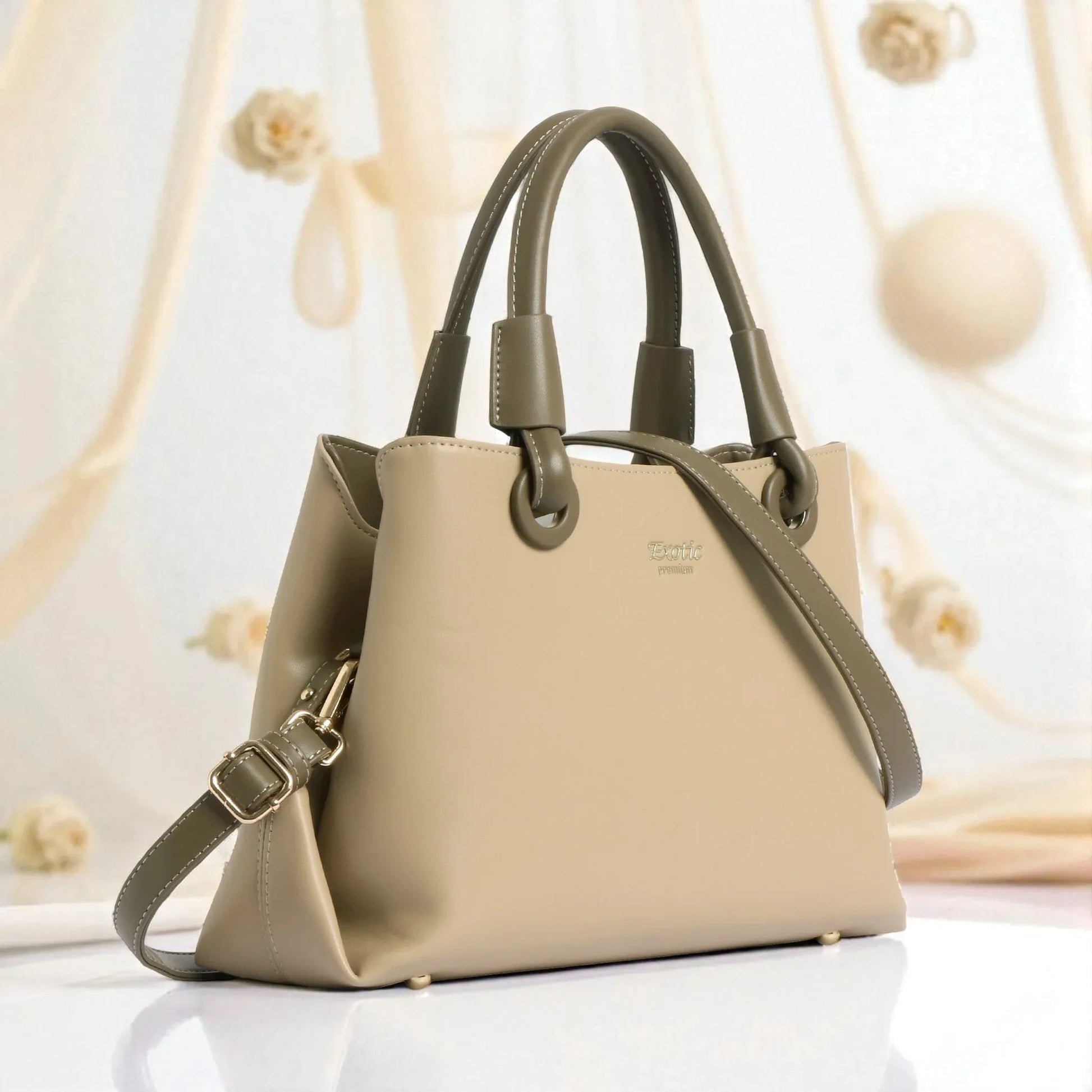 Exotic Premium Two-Tone Handbag | Beige & Olive Green Satchel Bag - exoticstore