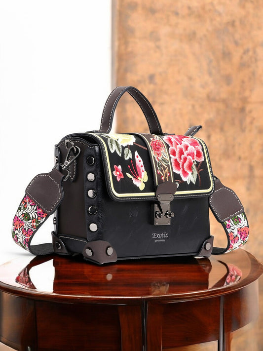 Exotic Embroidery Design Box type Shoulder Sling Bag For Women (Black)