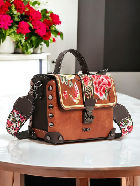 Exotic Embroidery Design Box type Shoulder Sling Bag For Women (Tan)