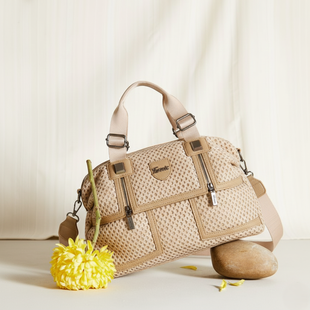 Beige textured handbag with a yellow flower and wooden block on a light background