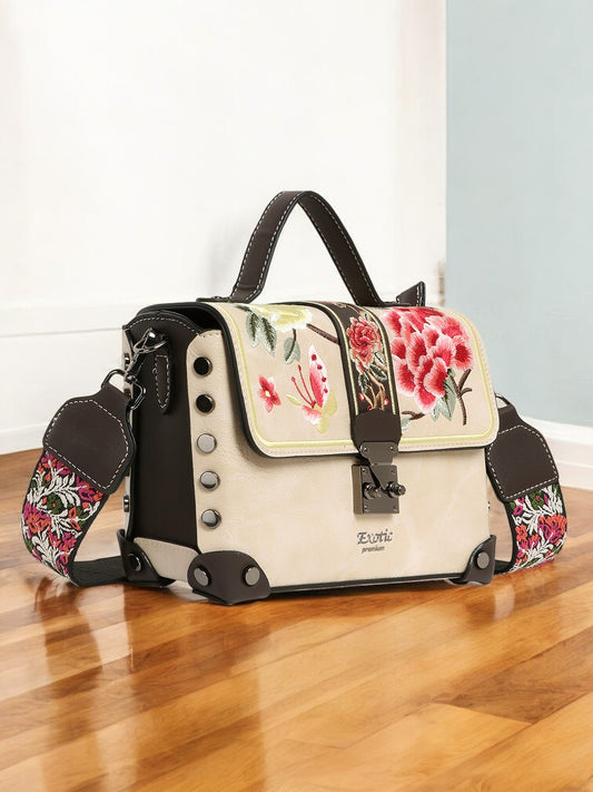 Exotic Embroidery Design Box type Shoulder Sling Bag For Women (Beige)