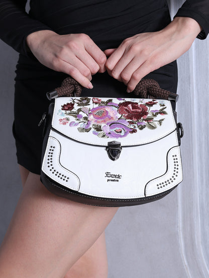 Exotic Satchel Vintage Retro Embroidery Floral Sling Bag (White)