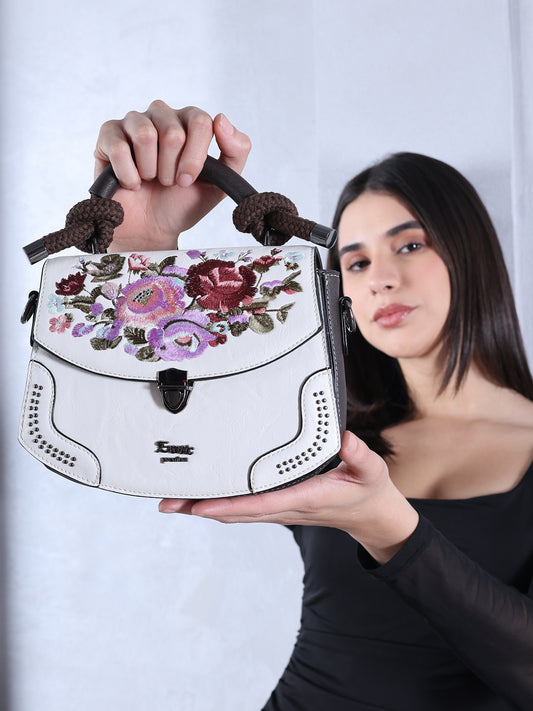 Exotic Satchel Vintage Retro Embroidery Floral Sling Bag (White)