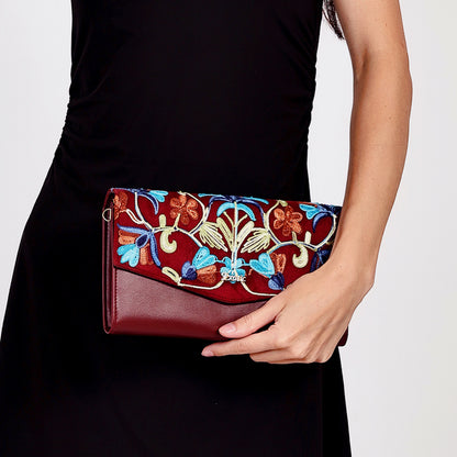 Exotic Women’s Embroidered Floral Wallet Clutch with Detachable Long Strap