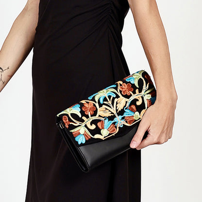 Exotic Women’s Embroidered Floral Wallet Clutch with Detachable Long Strap