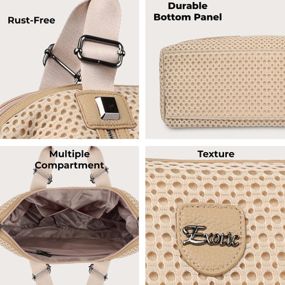 Exotic Premium Mesh Fabric Hand & Sling Bag with Multiple Compartments and Adjustable Strap